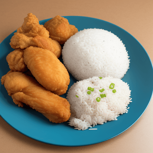 AI generated: fried chicken with rice on a plate.