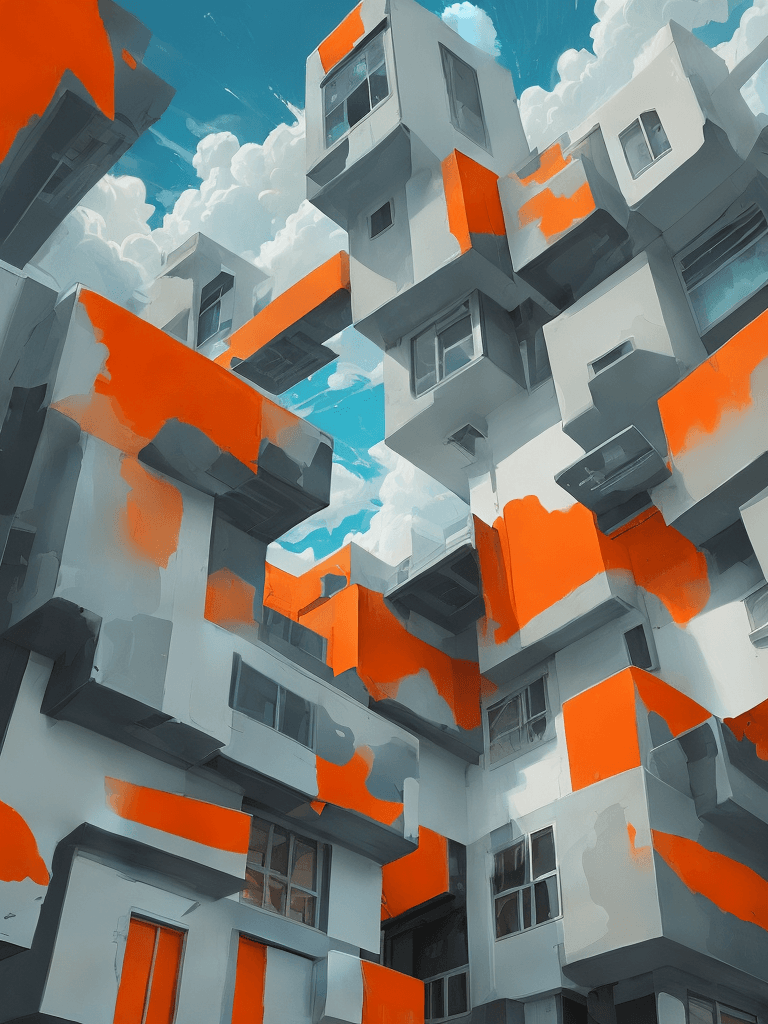 AI generated: semi-abstract futuristic painting, big houses with orange doors, clouds floating between the houses,...