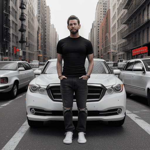 AI generated: Hyper realistic photo os a man wearing black t-shirt, jean, white sneakers, standing on the side of ...