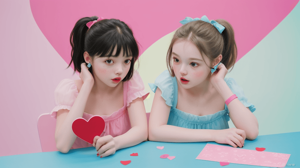 AI generated:  two girls and glueing things on a table, in the style of cute and colorful, wrapped, valentine hugo...