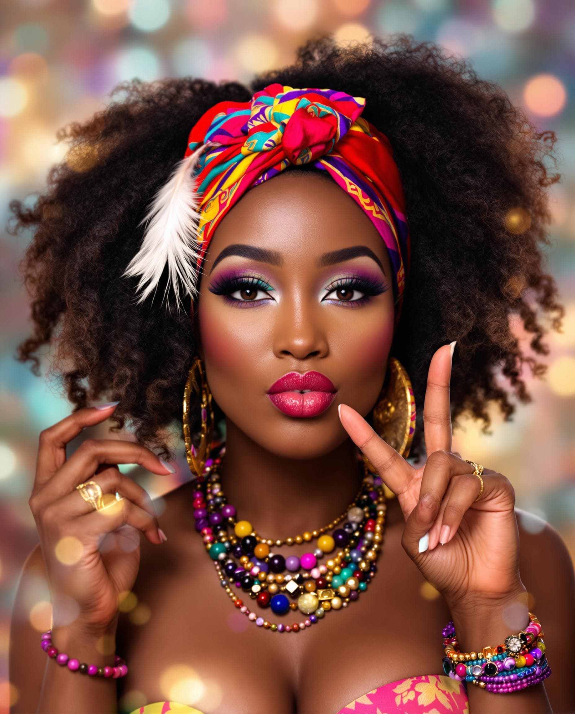 AI generated: A highly stylized digital portrait of a beautiful African-American woman. She has voluminous curly h...