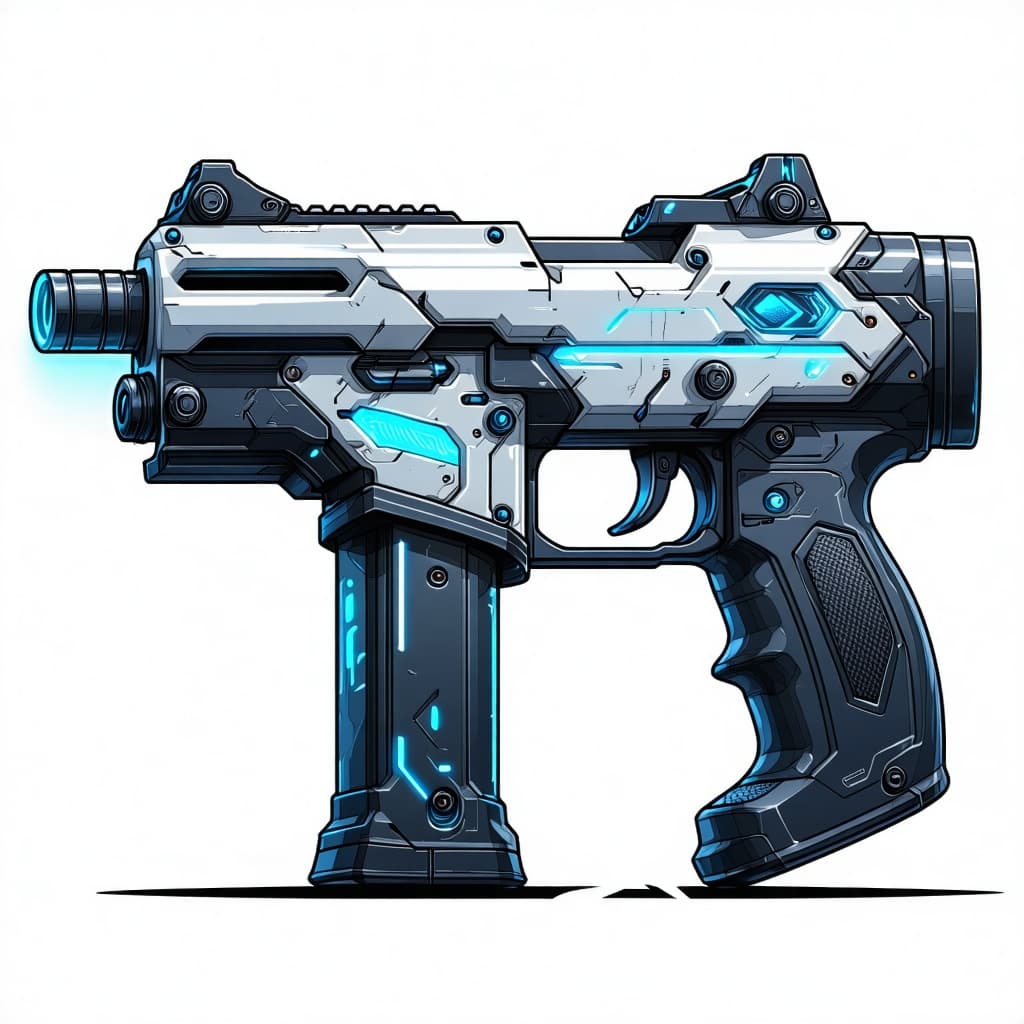 AI generated: Design a chunky, clearly fictional weapon for Our’World. Broad muzzle, soft rubberized grip, inset g...