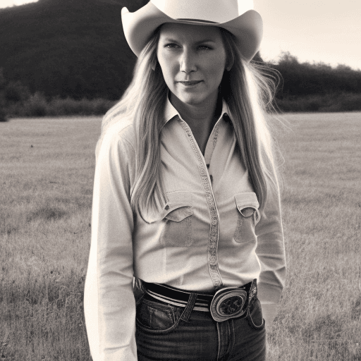 AI generated: Cowgirl. Blonde. Blue eyes. Cowboy hat raked forward. Tight blouse. Chaps on. Staring into sunset.