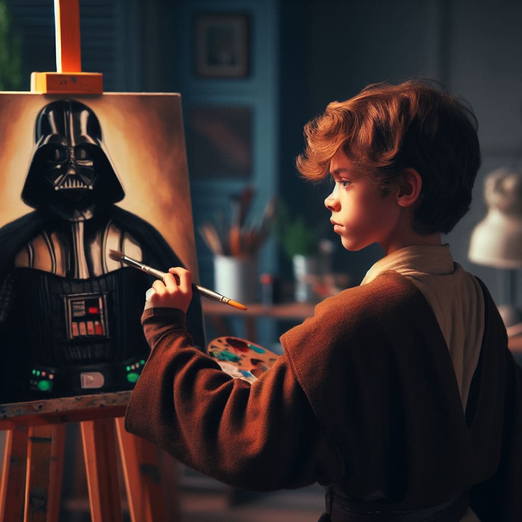 AI generated: young jedi Anakin Skywalker painting a picture of darth vader on an Easel in a paint studio