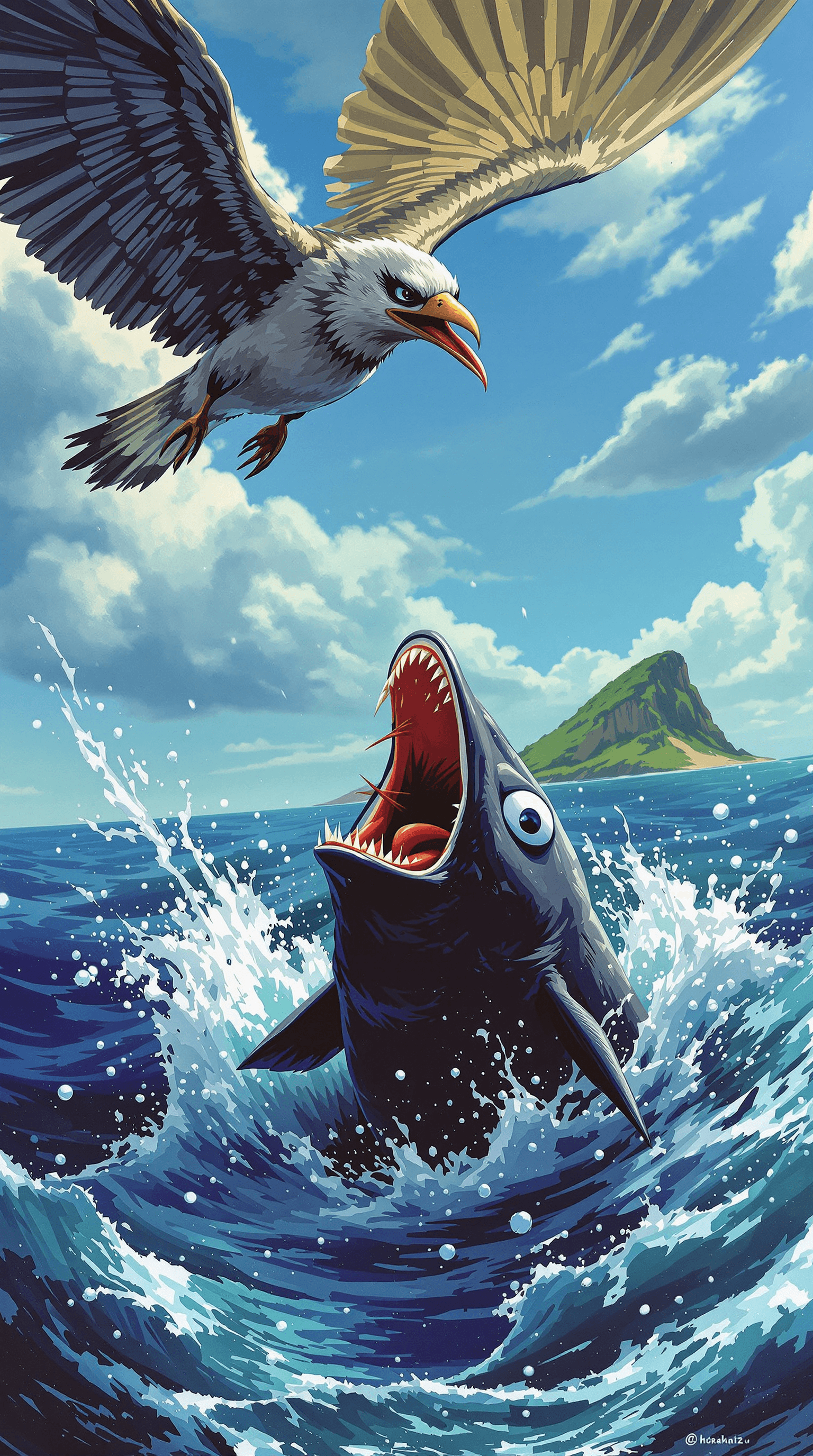 AI generated: "The Little Black Fish caught in the fish-eating bird’s sharp beak, the bird soaring above the sea w...