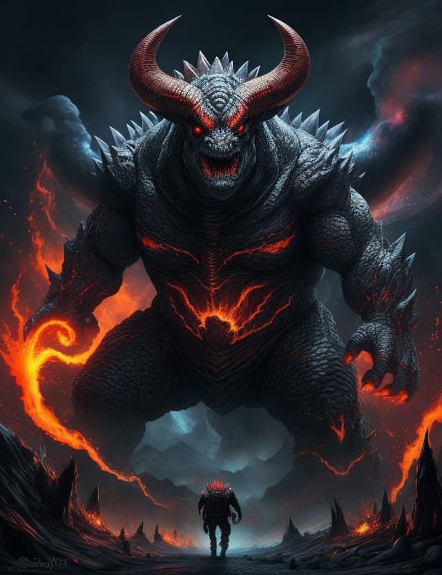AI generated: fantacy game (((a king monster elegant horn ( mutant face balrog, body godzilla)))::100, void , hogh...