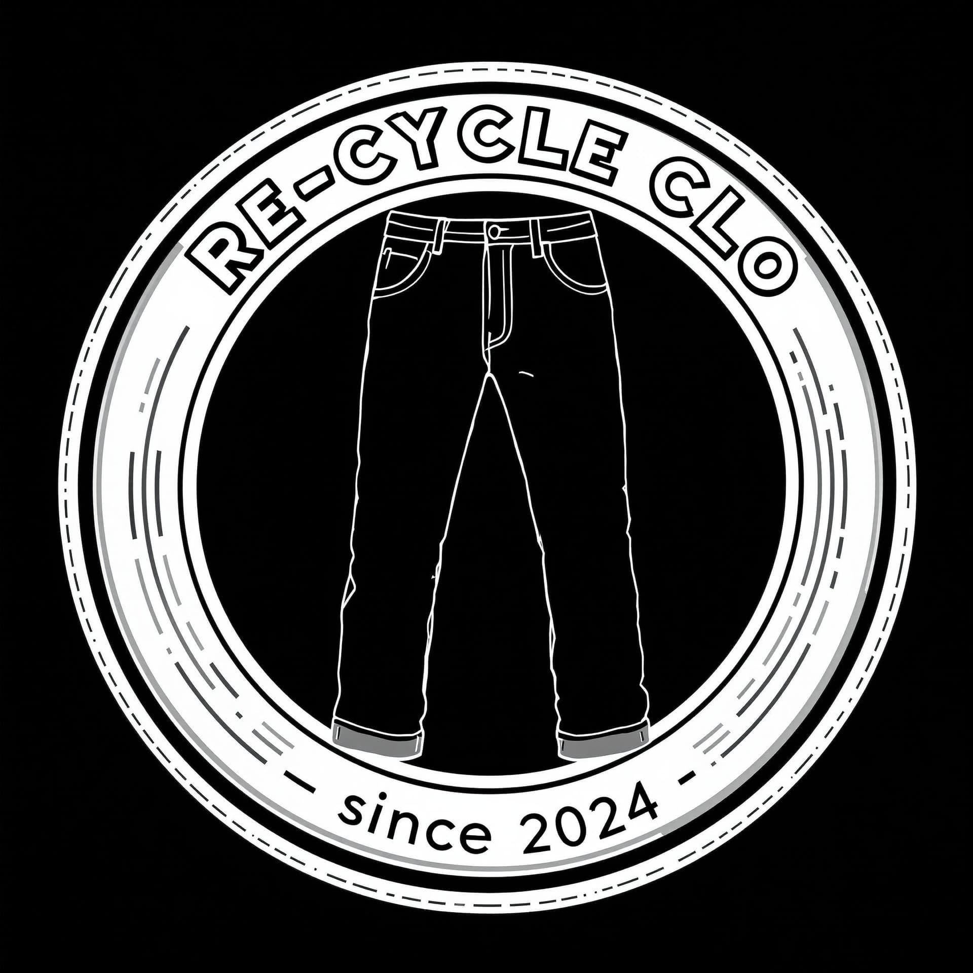 AI generated: Create a circular logo in black and white. The silhouette of jeans should be in the center, made in ...