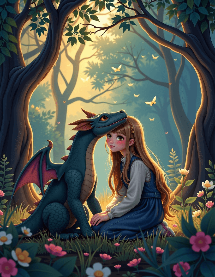 AI generated: "A girl and her loyal dragon companion, sharing a quiet moment of friendship in a magical, glowing f...