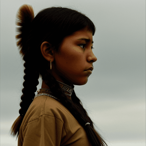 AI generated: a Sioux young lady, modest, lonely, courageous, powerful