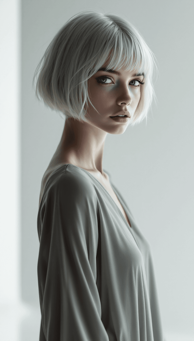AI generated: A serene and elegant character with short, platinum blonde hair styled into a simple, clean bob. Her...