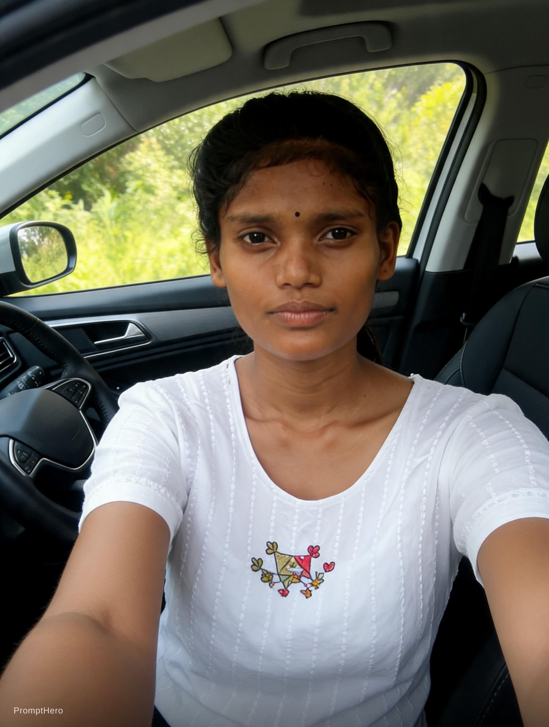 AI generated: this woman, but inside the car in the driver's seat, recording herself in selfie mode