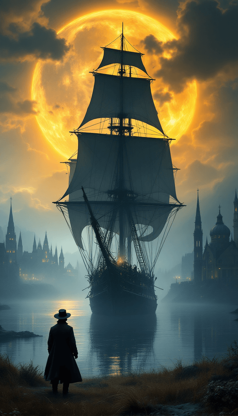 AI generated: A breathtaking fantasy scene featuring a majestic tall sailing ship silhouetted against a massive, g...