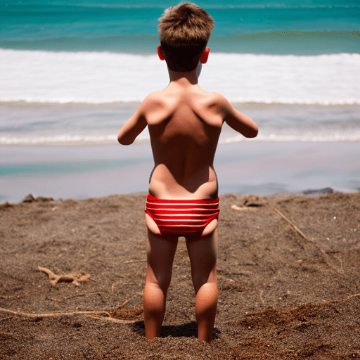 AI generated: A boy wearing a red Speedo standing at the beach