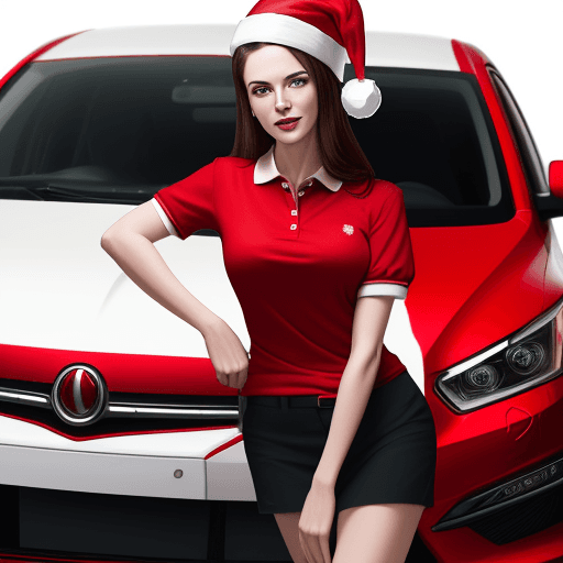 AI generated: woman with a Christmas hat and red polo shirt, on a white background and with a red car behind