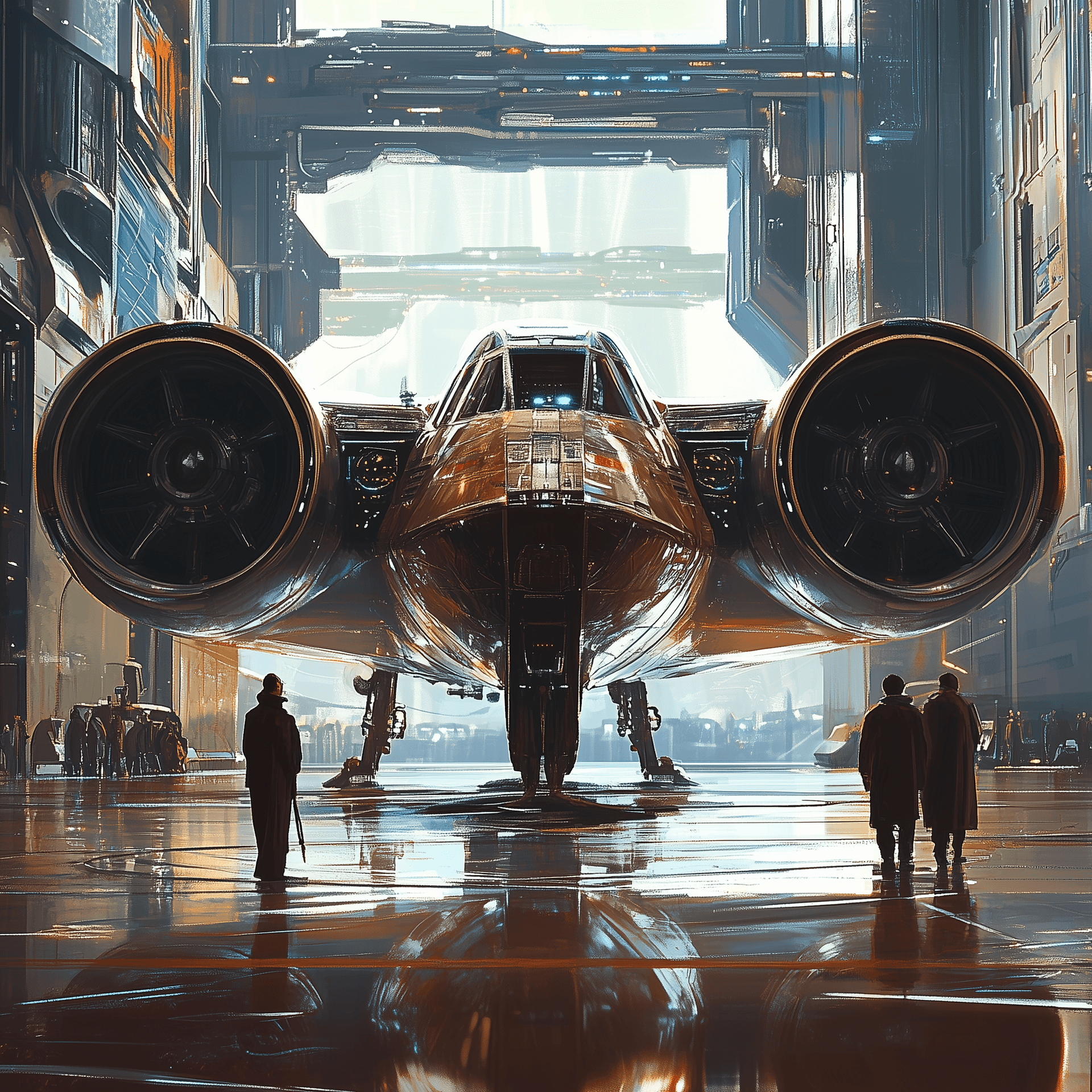 AI generated: A Star Wars-inspired spacecraft with two large engines. Inside the ship, there is an open area where...