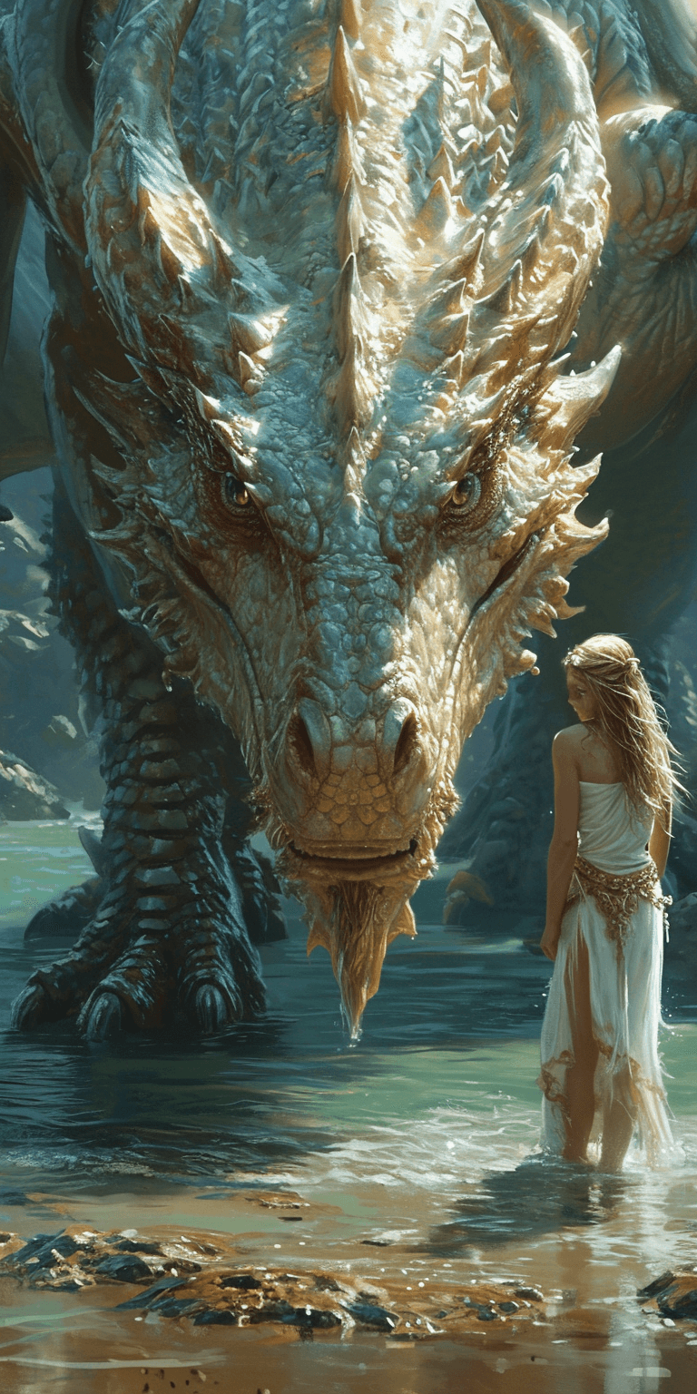 AI generated: a woman is standing in the water next to a dragon, in the style of fantasy scenes, realistic detail,...