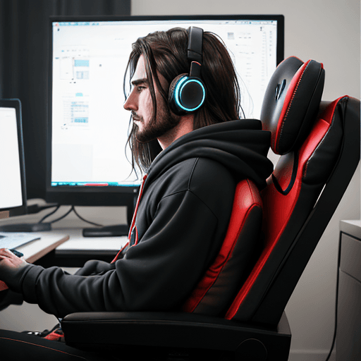 AI generated: guy, on gaming chair, wearing headphones, hoodie,  long hair, facing computer, side view, minimalist...