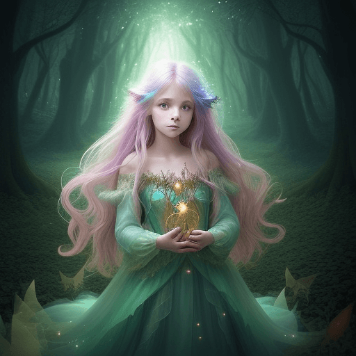AI generated: A young girl with flowing, ethereal hair stands in an enchanted forest, surrounded by glowing fairie...