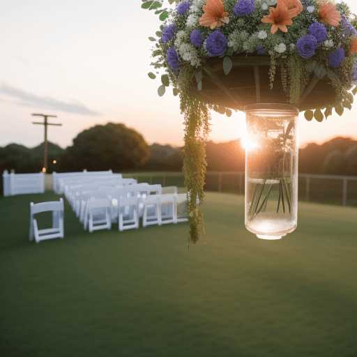 AI generated: Hanging flowers at an outdoor wedding at sunset, film grain, high quality, studio shoot, Nikon D850