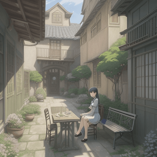 AI generated: painting of a girl facing front in a courtyard with a table and chairs and a bench, anime background...