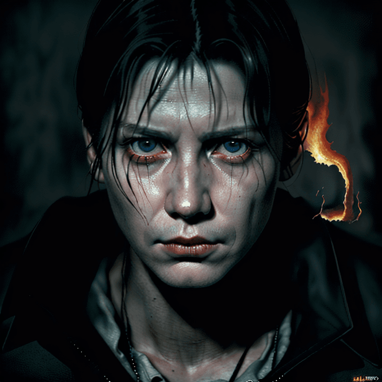 AI generated: eerie creepy portrait poster of alan wake, silent hill style, masterpiece, vivid, flames. sharp focu...