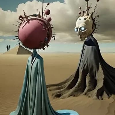 AI generated video:  seres  extraño   levitando y flotando intentando comunicarse con un ser arraigado en la tierra 
