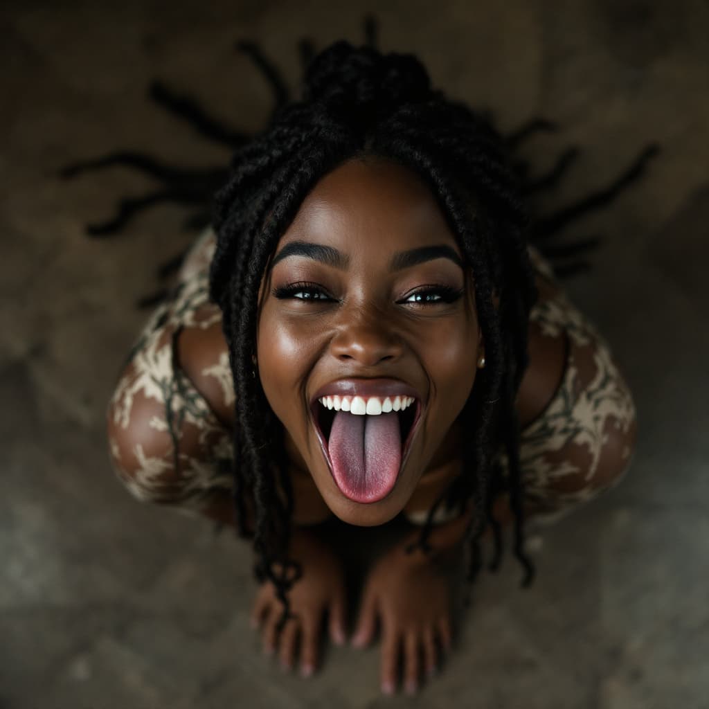AI generated: black woman, with braids, kneeling on the floor, sticking her tongue out mouth wide open Top view