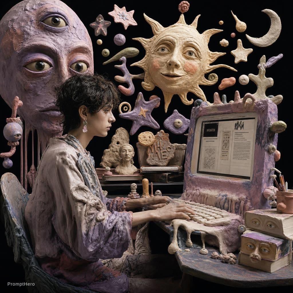 AI generated: surreal editorial composition, hyperrealistic human mixed with handmade plasticine sculptures, tacti...
