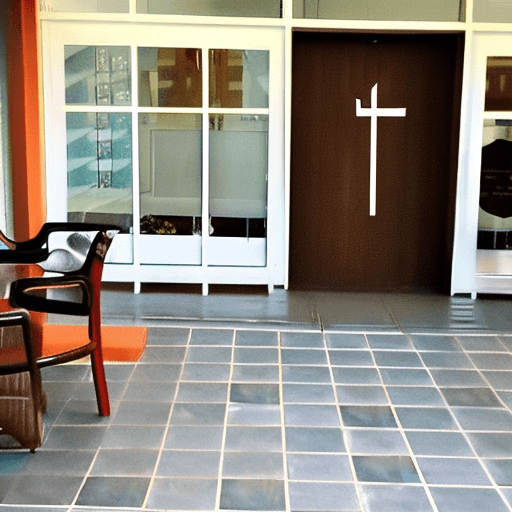 AI generated:  coffee shop with MaiHan name's, front door view, chairs and table
