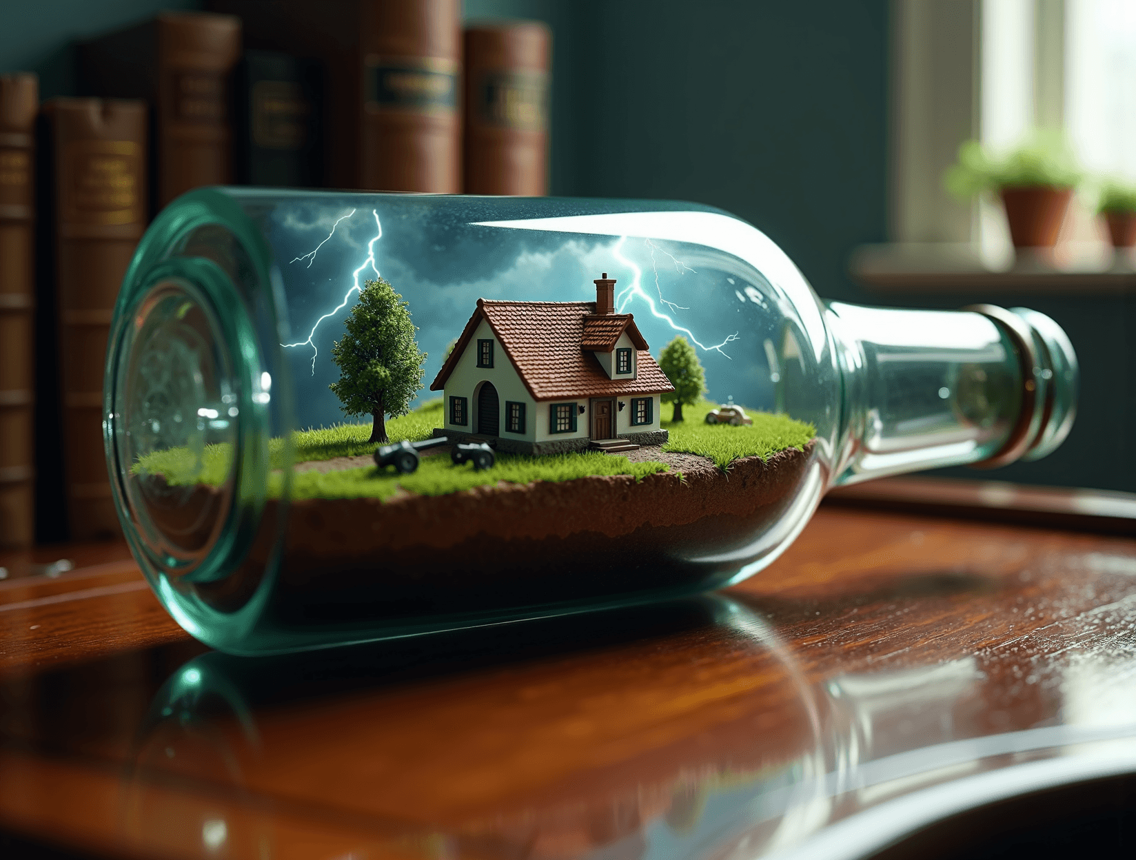AI generated: cinematic, masterpiece, Extreme close-up macro photograph of miniture farm house inside a glass bott...