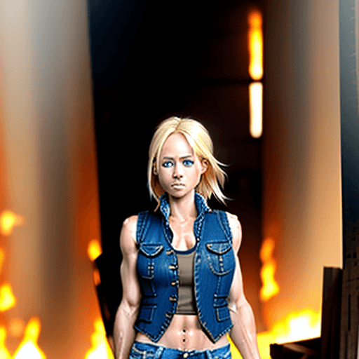 AI generated: Blonde hair blue eyed woman, sweating, full body, wearing vest and ripped jeans carrying lumber axe