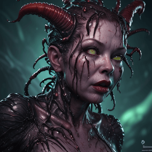 AI generated: traci lords as a horror creature from Space. terraforming. Alien Flora, large gazing eyes, close-up,...