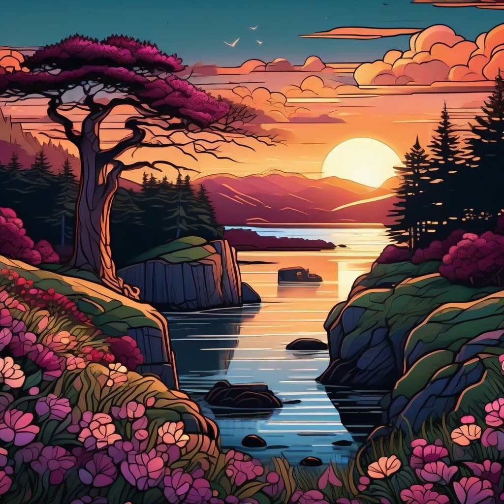 AI generated: cartoon of scottish national park with a painting made of carved wood, bathing in rich light, deep c...