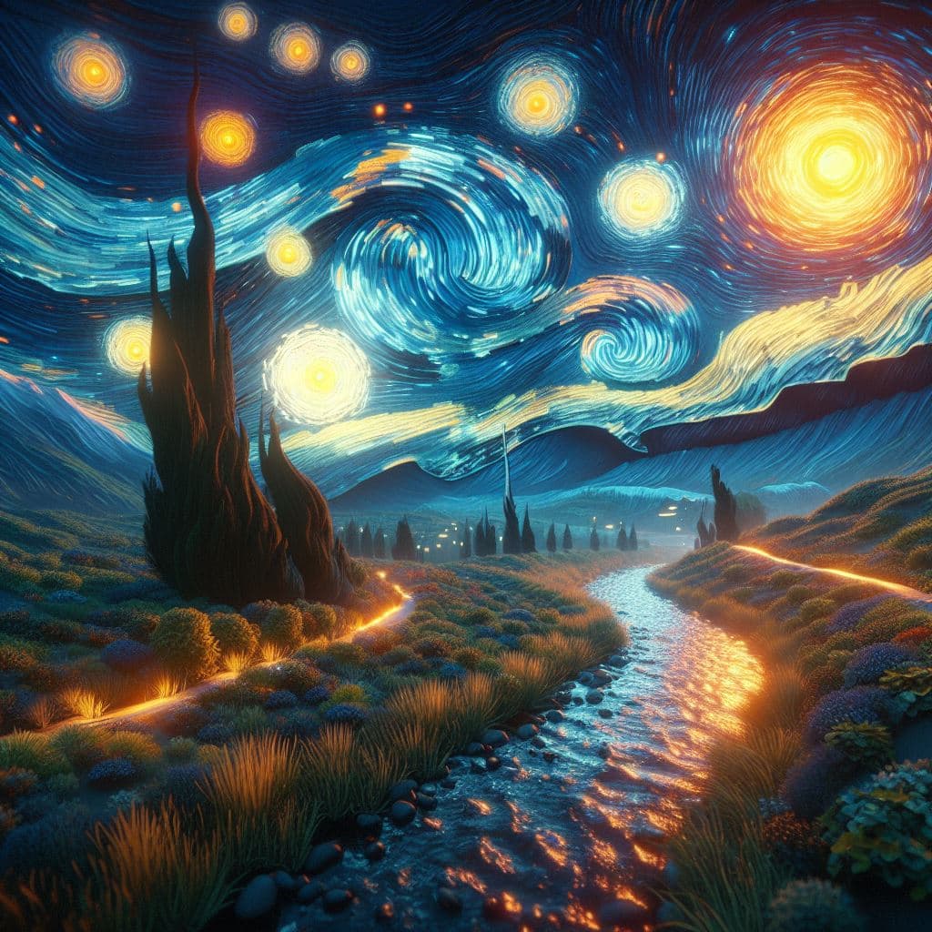 AI generated: A 3D version of Starry Night by Vincent van Gogh, rendered with 8K resolution and octane lighting ef...