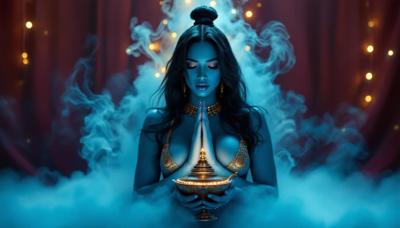 AI generated: An woman with blue skin, decorated with gold jewelry, appeared in a swirling cloud of blue smoke, he...