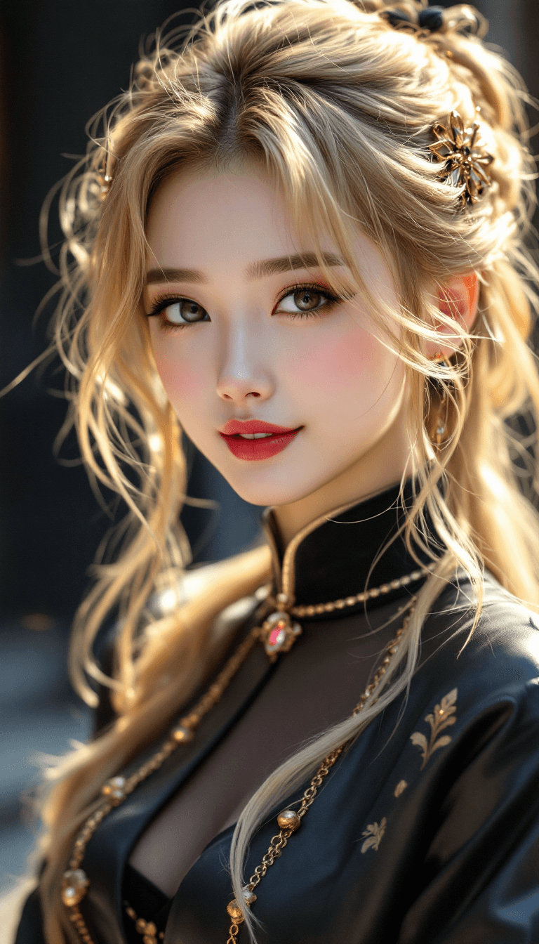 AI generated: Blond hair chines young women, gold, happy, pretty, cute --v 6.1 --ar 16:9