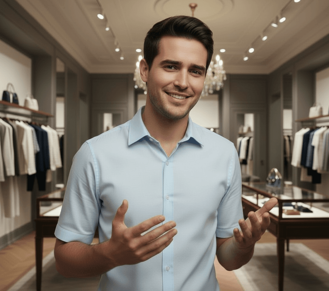 AI generated: The model is expressing conversation with his hands. His face expression is smiley. 