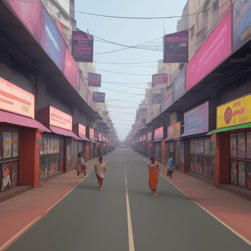 AI generated: Hyper Realistic Indian Streets with an adult video streaming shop to the right. Busy Street 

