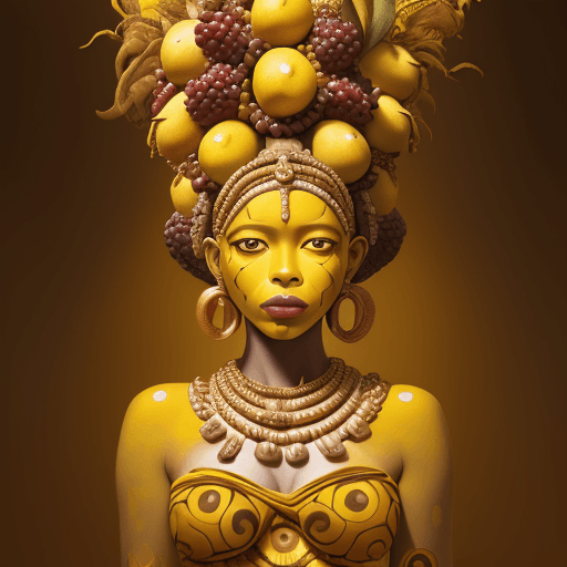 AI generated: a mural of woman on a yellow wall with fruit on her head, in the style of ingrid baars, 32k uhd, ben...