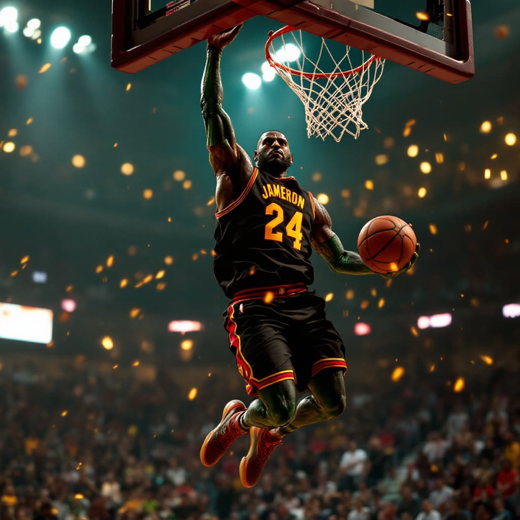 AI generated: lebron james dunking on a classic green alien, 8k, HD, nanites, volumetric lighting