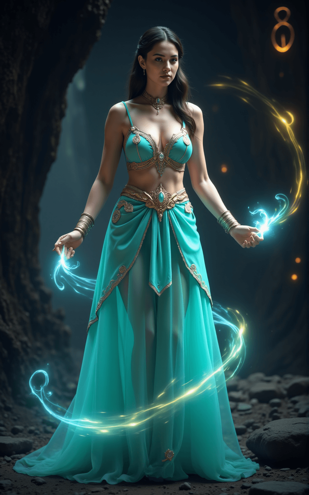 AI generated: A mystical woman who appears to be a sorceress or enchantress, exuding an aura of magic and power. S...