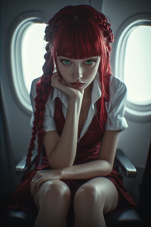 AI generated: A young woman with vibrant red hair styled in two long braids and bangs, sits on an airplane. She ha...