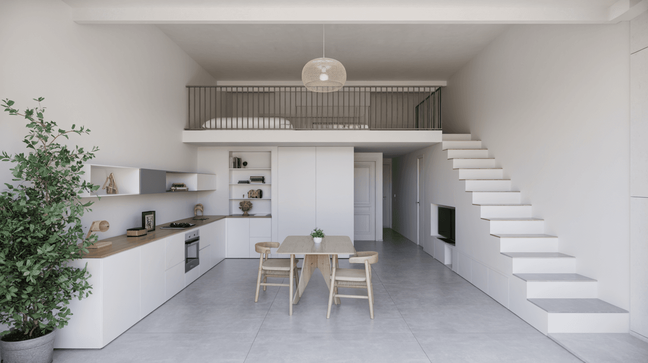 AI generated: The interior of a ground floor, two-story, single-room space in Kozani Greece, approximately 65m² th...