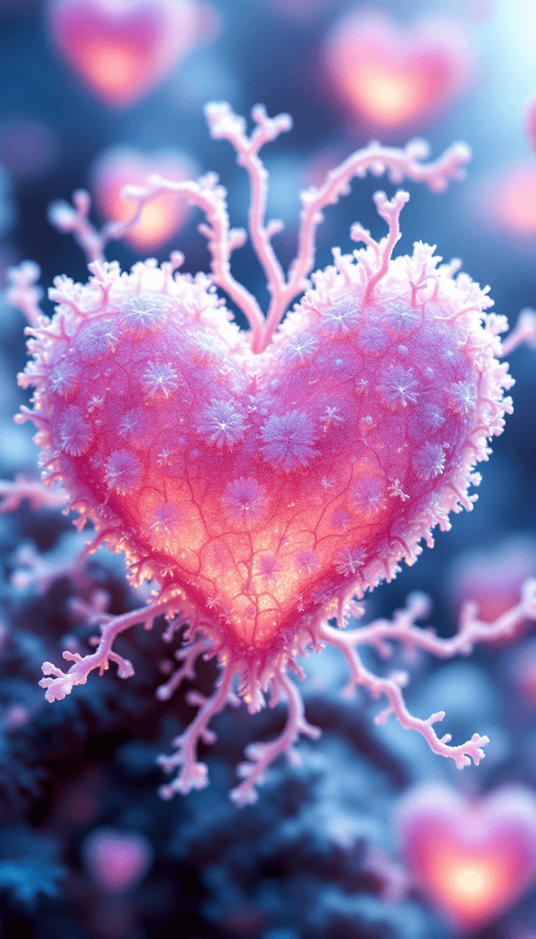 AI generated: A surreal and ultra-detailed close-up of a heart-shaped organic structure, resembling a microscopic ...