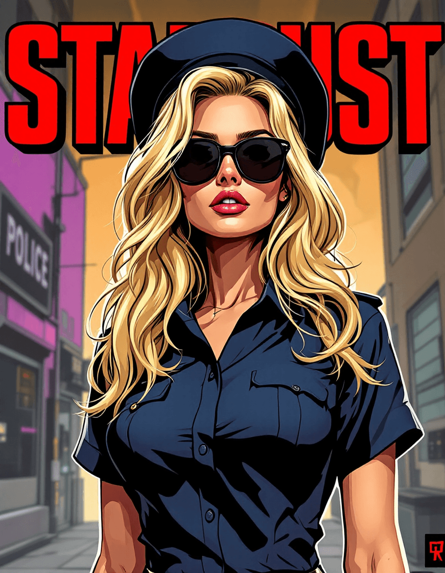 AI generated: Cartoon illustration, comic book cover featuring of a gorgeous blonde woman, slightly-wavy long hair...