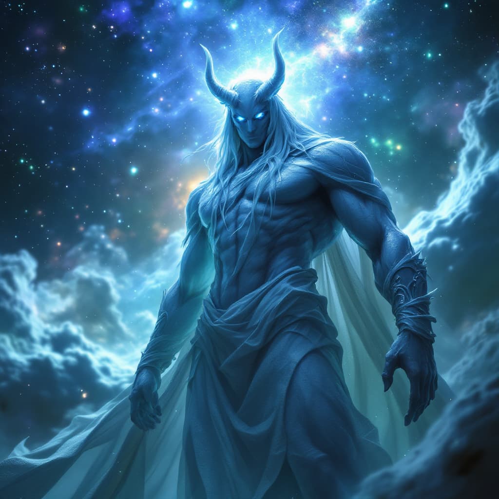 AI generated: God of Healing and sickness, full-body, Etherial, muscular, No mouth or hair, Glowing blue and green...
