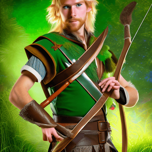 AI generated: high detailed professional upper body photo of a very young half-elf archer with shaggy blonde beard...