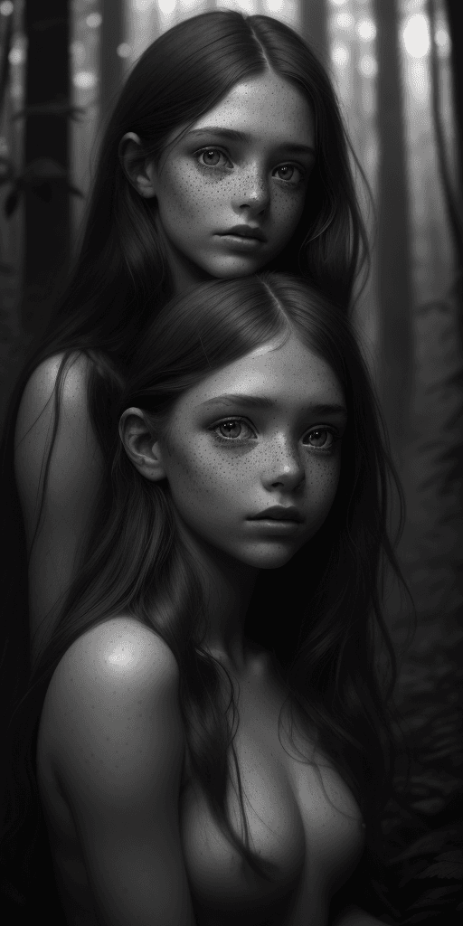 AI generated: stunning alluring medium length portrait of a gorgeous girl in a mysterious forest, sparking eyes, f...