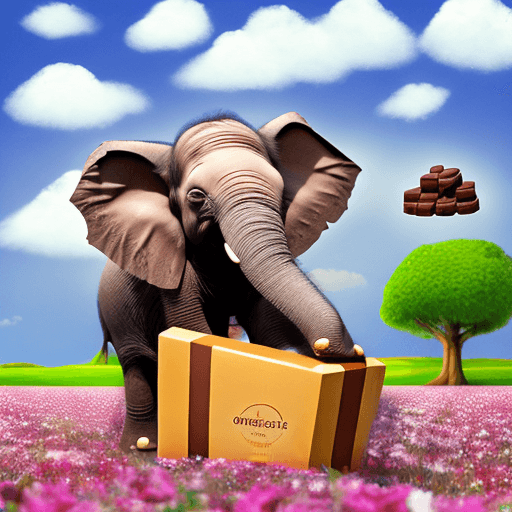 AI generated: Imagine a small elephant calf, named Kiko, smiling and wearing a t-shirt. Kiko is holding a box of c...