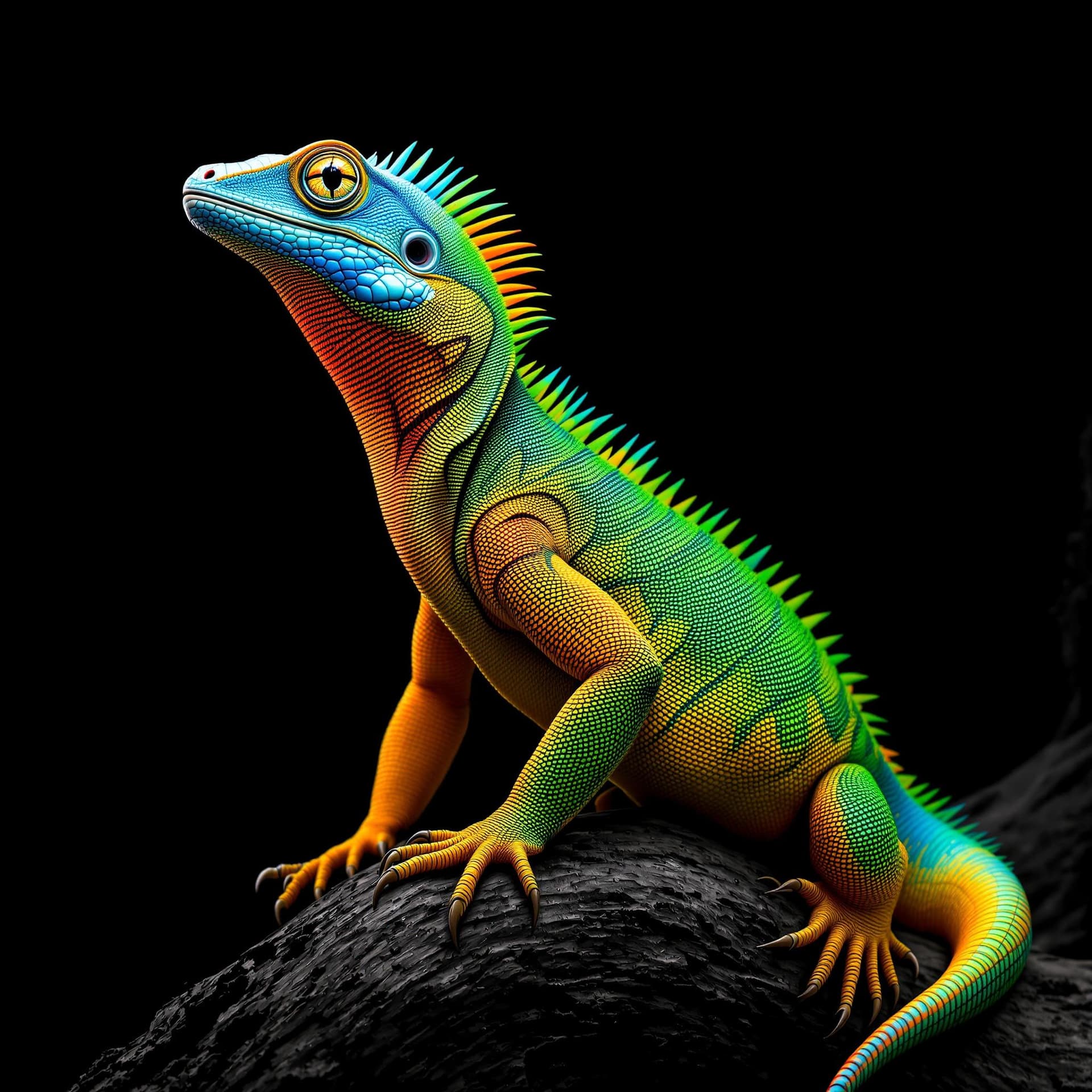 AI generated: The image features a large, colorful lizard with a long neck and a long tail. The lizard is sitting ...